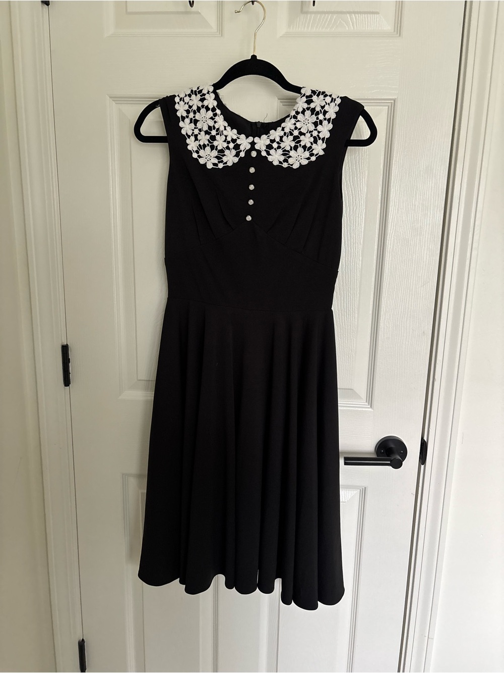 Black Sleeveless Fit-and-Flare Dress with White Floral Collar blackbutterfly mid